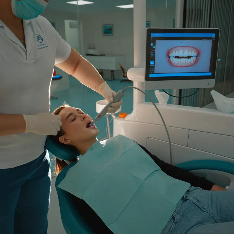 El doctor escanea la boca de un paciente; el modelo 3D aparece en el monitor