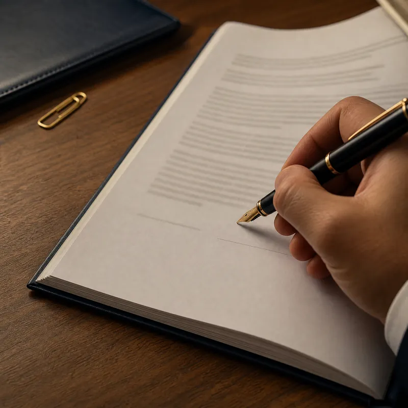 Una mano firma la última página de un contrato con pluma fuente