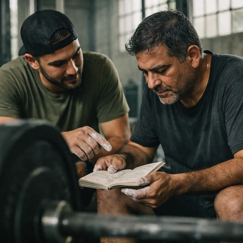 Un coach y un socio revisan una libreta de entrenamiento con gis en las manos
