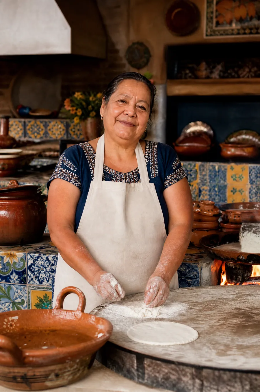 Ana Robles en su cocina, con las manos enharinadas, junto al comal