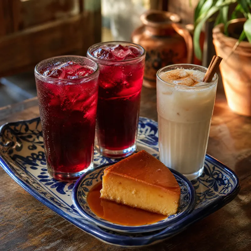 Aguas de jamaica y horchata junto a una rebanada de flan